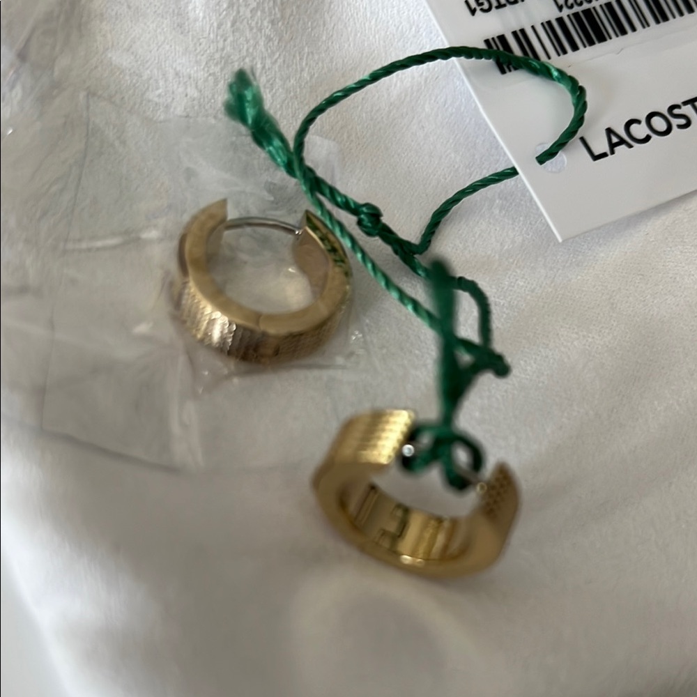 LACOSTE Gold STENCIL Classic Hoop Earrings STAINLESS STEEL GOLD BRAND NEW - Picture 4 of 5